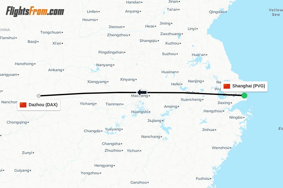 Flights from Shanghai to Dazhou route map