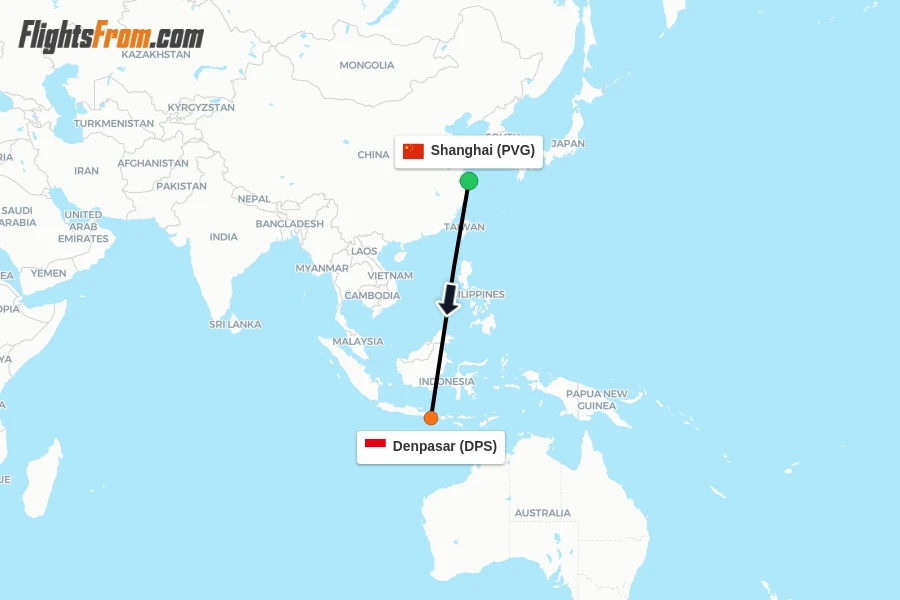 Flights from Shanghai to Denpasar route map