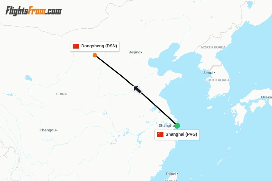 Flights from Shanghai to Dongsheng route map