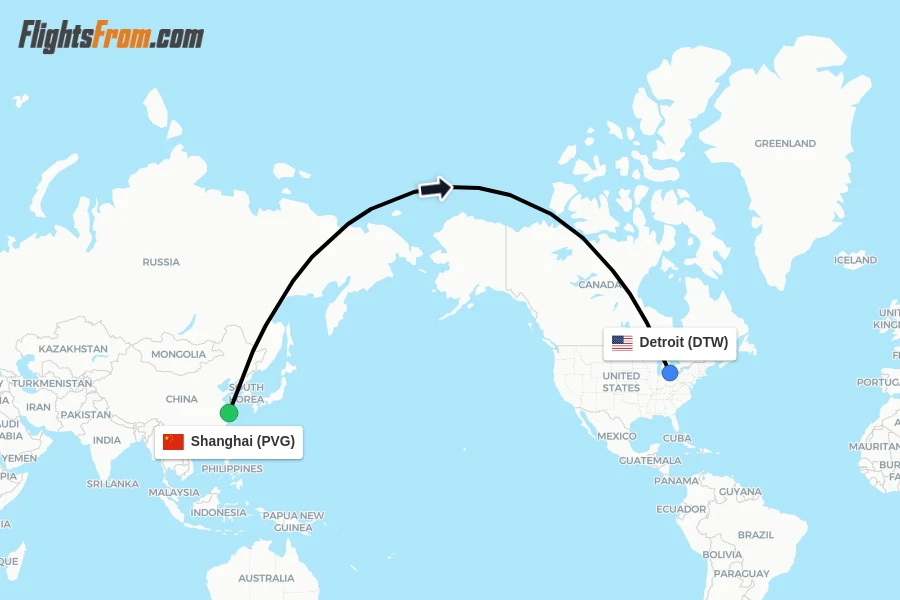 Flights from Shanghai to Detroit route map