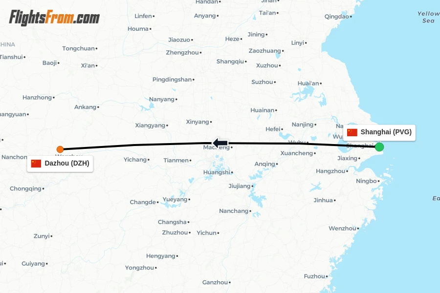 Flights from Shanghai to Dazhou route map