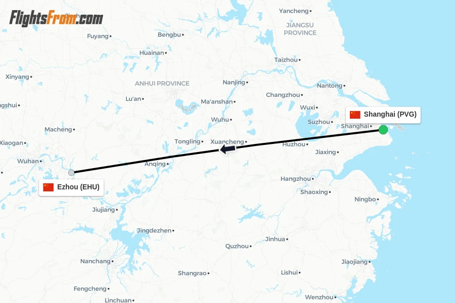 Flights from Shanghai to Ezhou route map