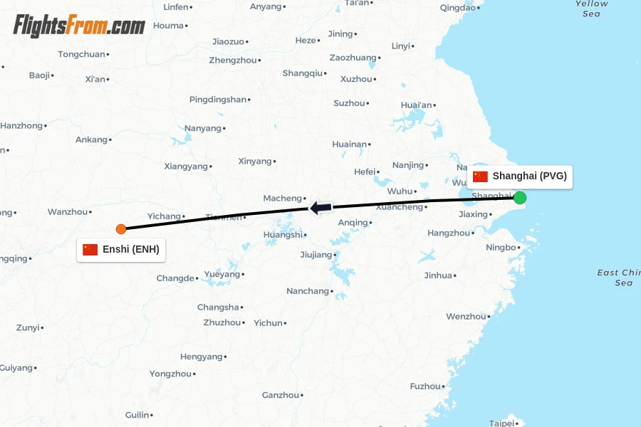 Flights from Shanghai to Enshi route map