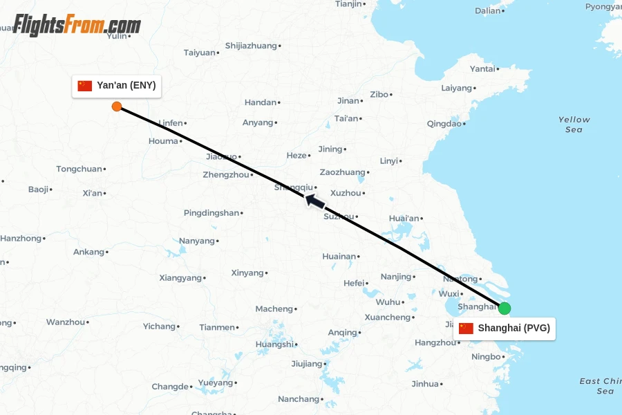 Flights from Shanghai to Yan'an route map