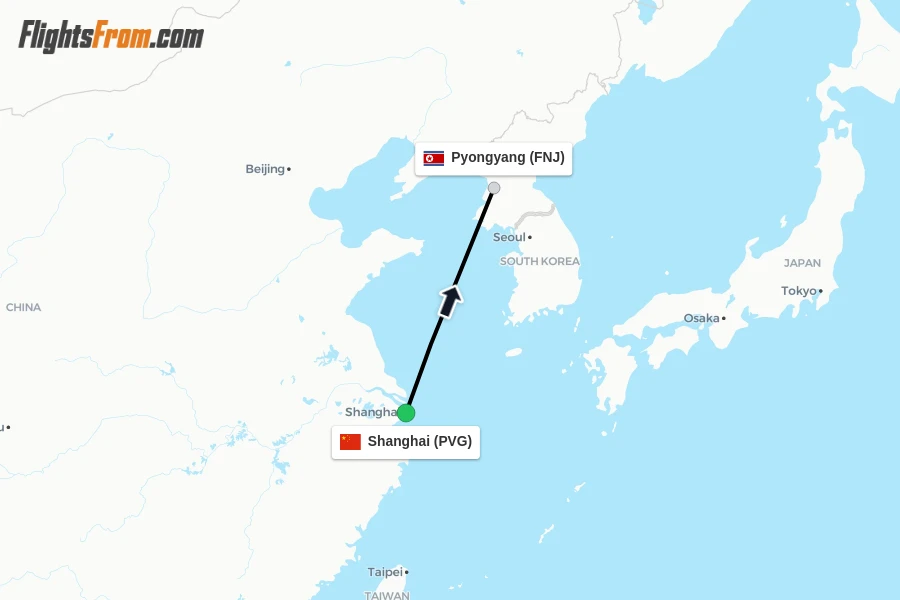 Flights from Shanghai to Pyongyang route map