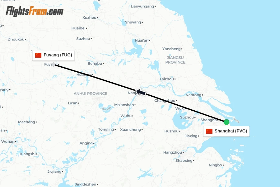 Flights from Shanghai to Fuyang route map