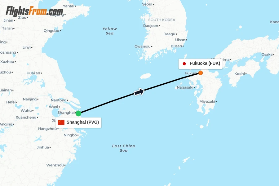 Flights from Shanghai to Fukuoka route map