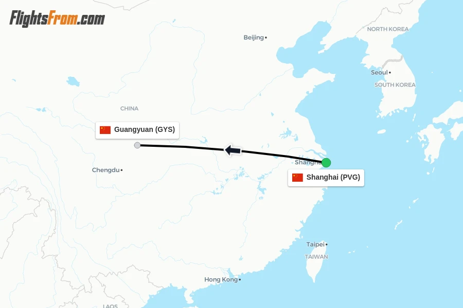 Flights from Shanghai to Guangyuan route map