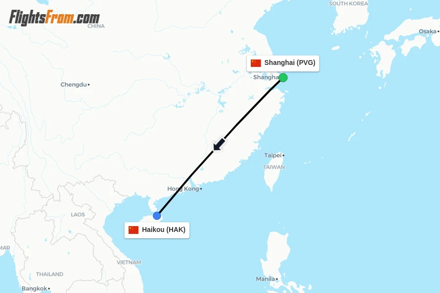 Flights from Shanghai to Haikou route map