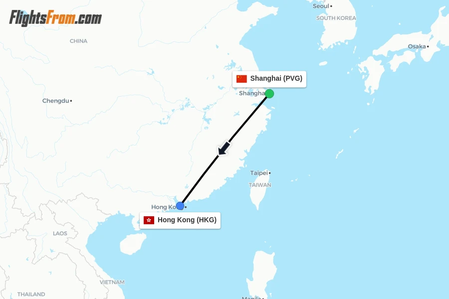 Flights from Shanghai to Hong Kong route map