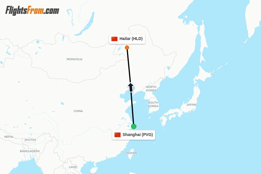 Flights from Shanghai to Hailar route map