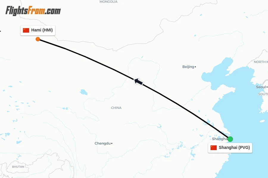 Flights from Shanghai to Hami route map
