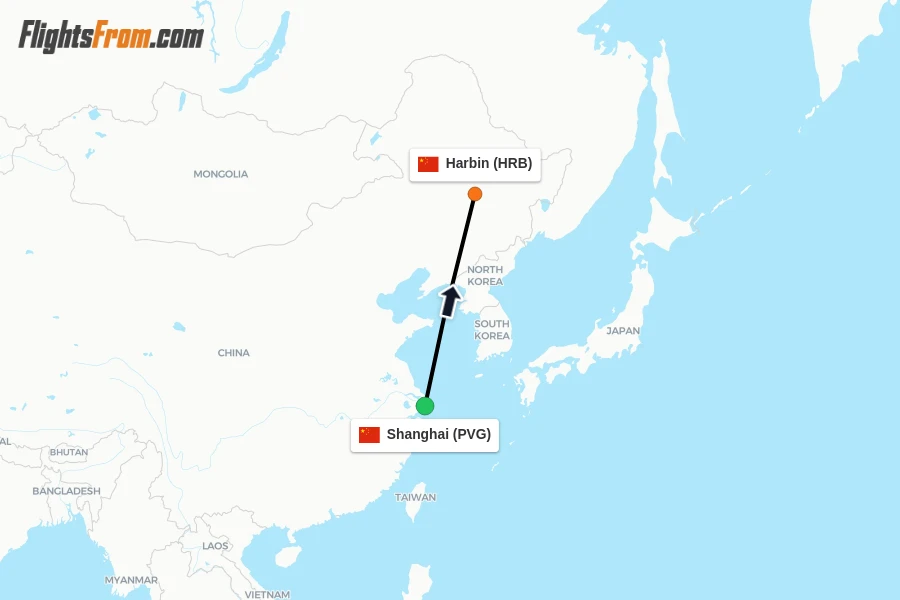 Flights from Shanghai to Harbin route map