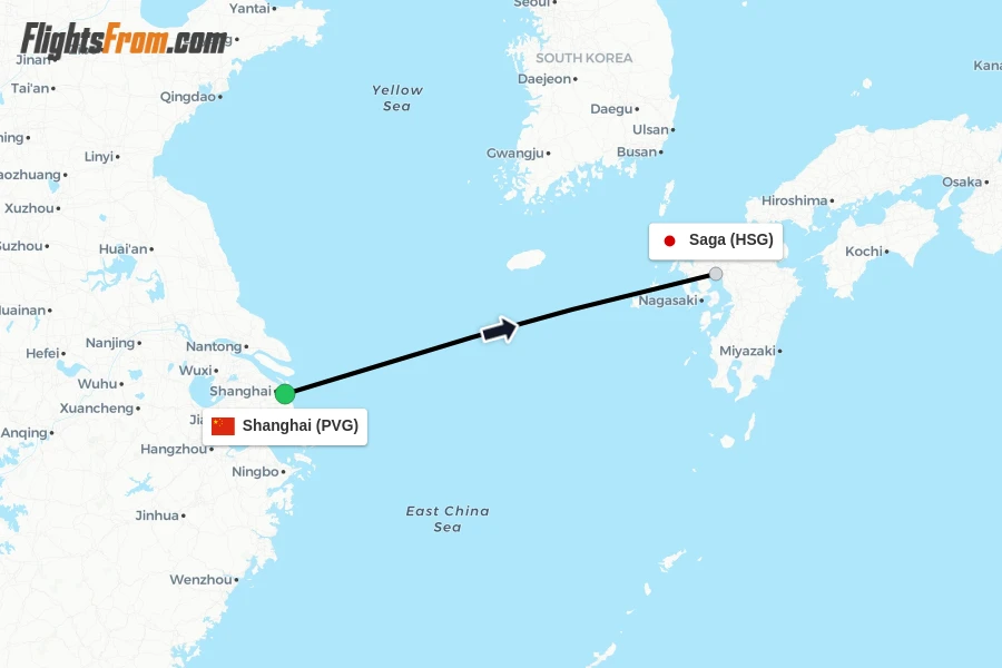 Flights from Shanghai to Saga route map
