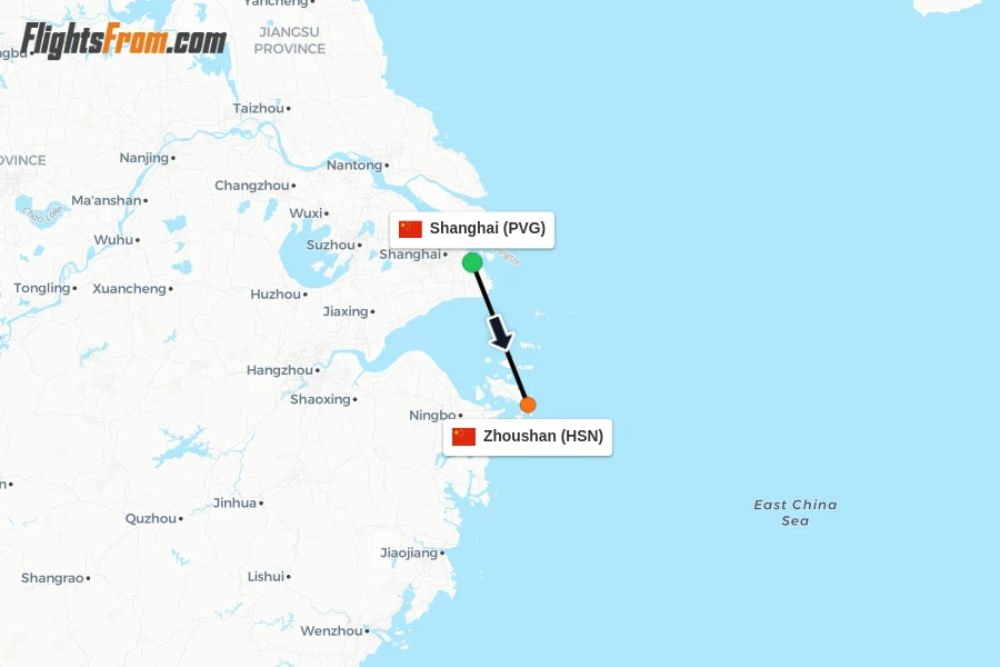 Flights from Shanghai to Zhoushan route map