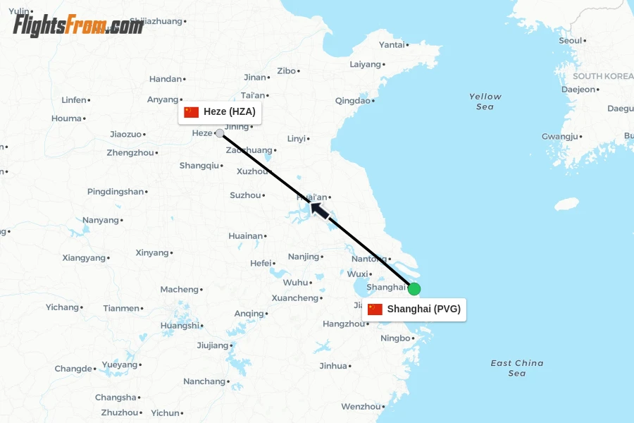 Flights from Shanghai to Heze route map