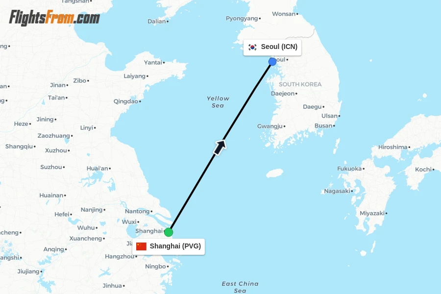 Flights from Shanghai to Seoul route map