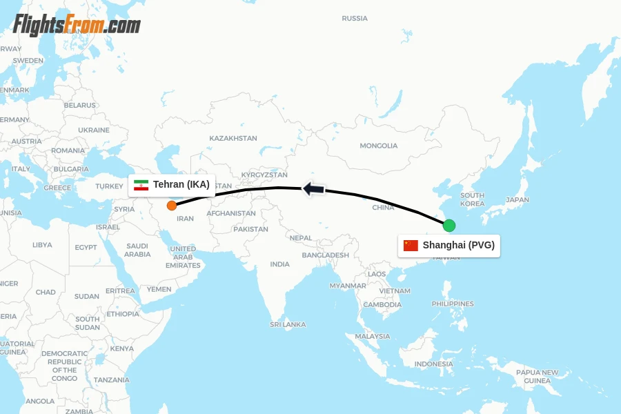 Flights from Shanghai to Tehran route map