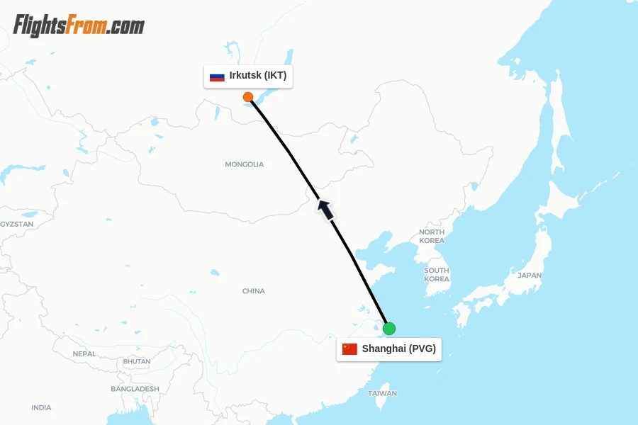 Flights from Shanghai to Irkutsk route map