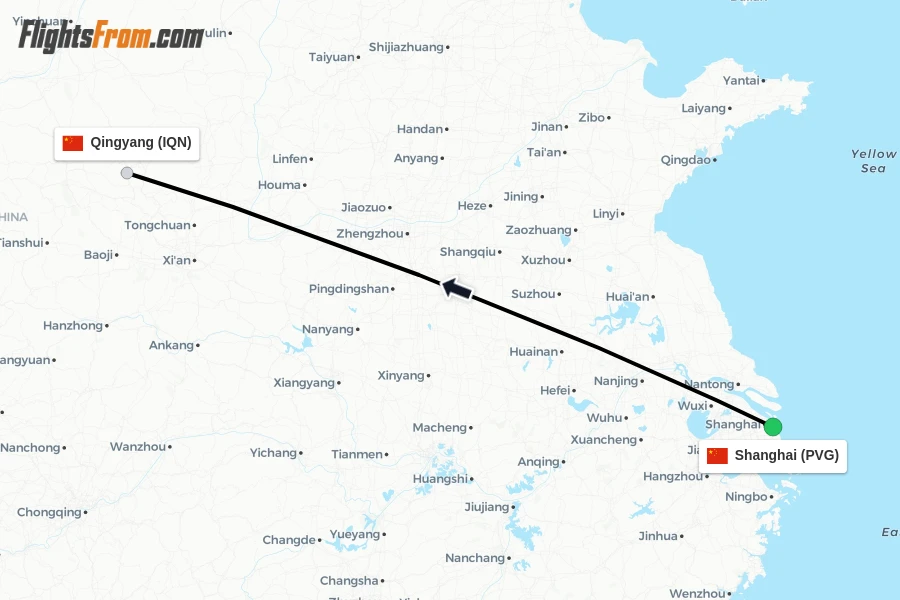Flights from Shanghai to Qingyang route map