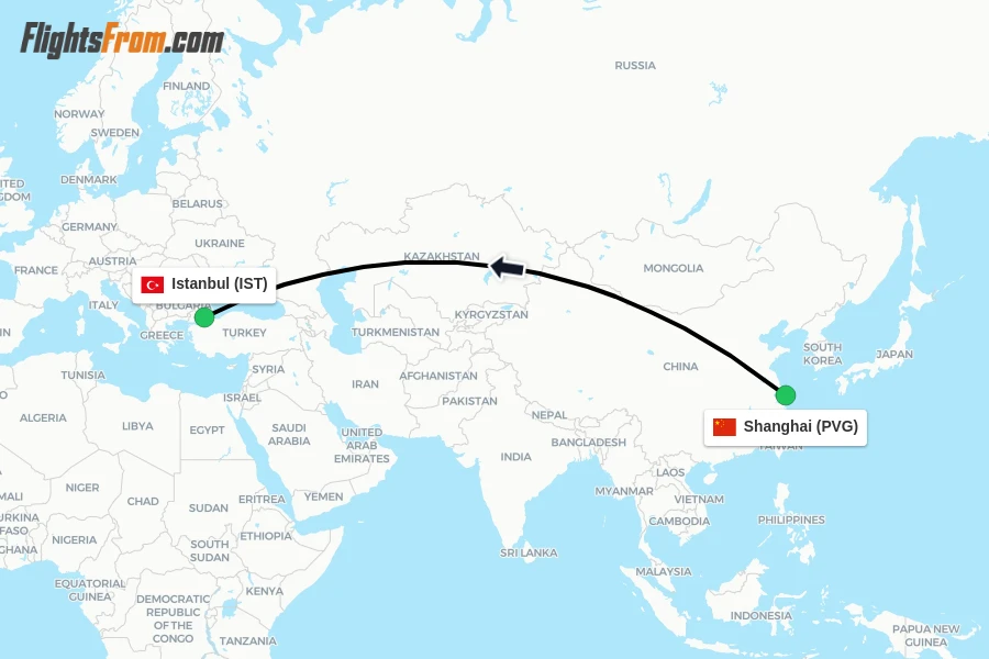 Flights from Shanghai to Istanbul route map