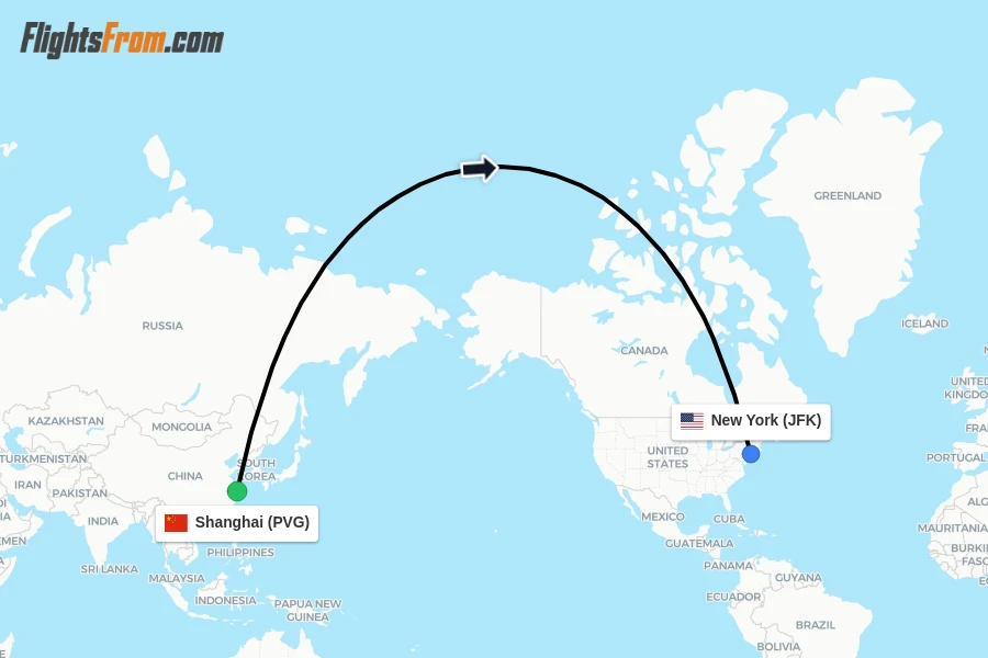 Flights from Shanghai to New York route map