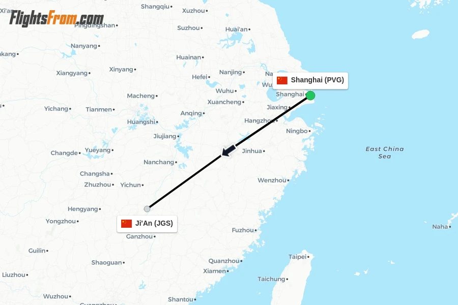 Flights from Shanghai to Ji'An route map