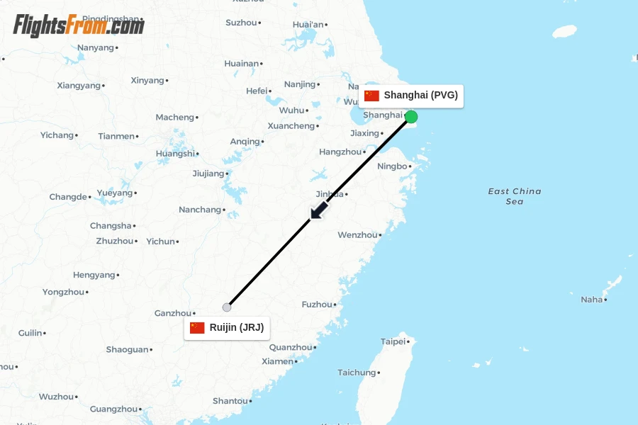 Flights from Shanghai to Ruijin route map