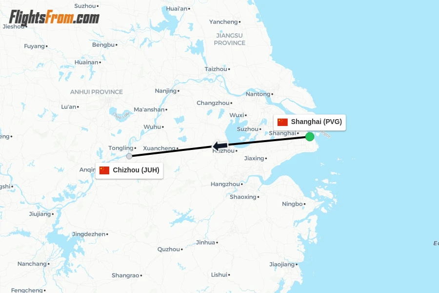 Flights from Shanghai to Chizhou route map