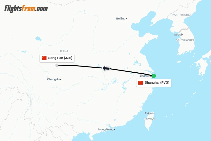 Flights from Shanghai to Song Pan route map