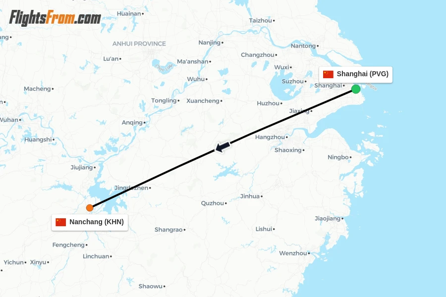 Flights from Shanghai to Nanchang route map