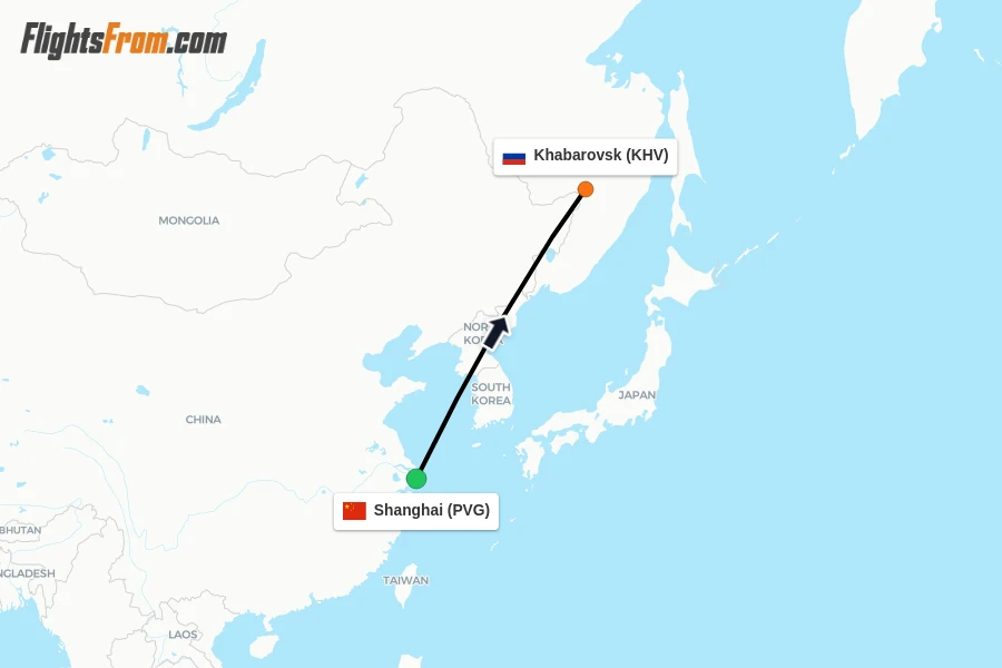 Flights from Shanghai to Khabarovsk route map