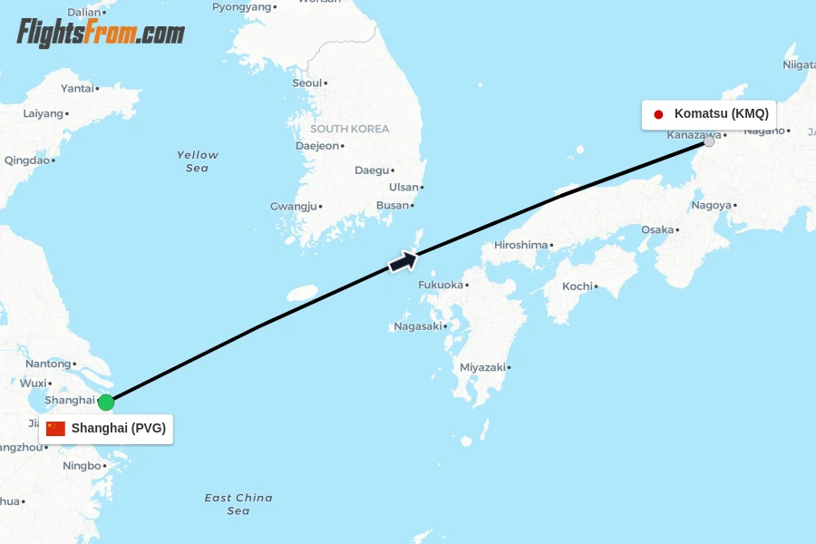 Flights from Shanghai to Komatsu route map