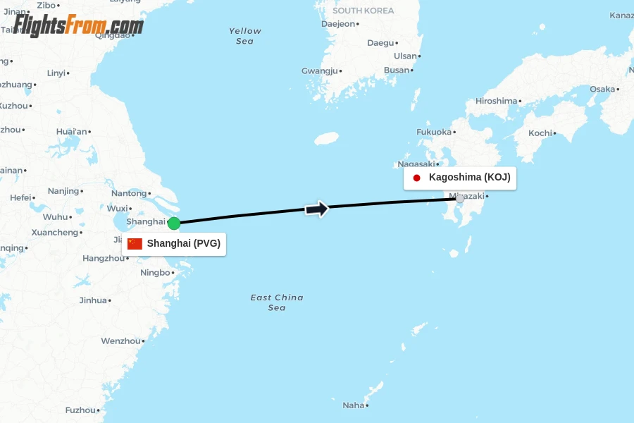Flights from Shanghai to Kagoshima route map