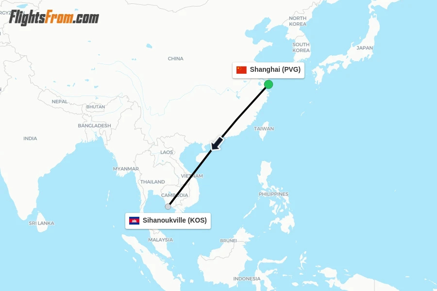 Flights from Shanghai to Sihanoukville route map