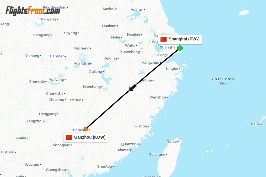 Flights from Shanghai to Ganzhou route map