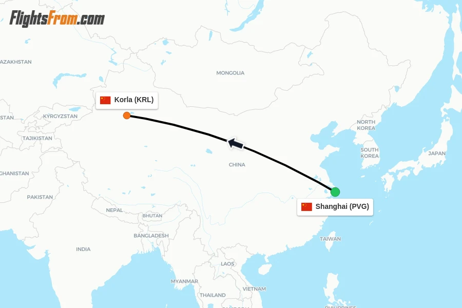 Flights from Shanghai to Korla route map