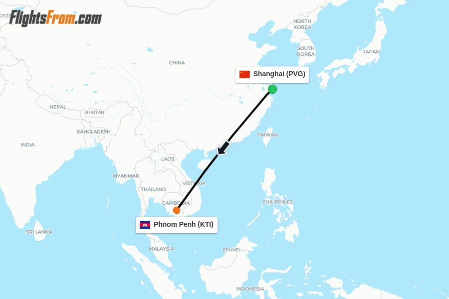 Flights from Shanghai to Phnom Penh route map