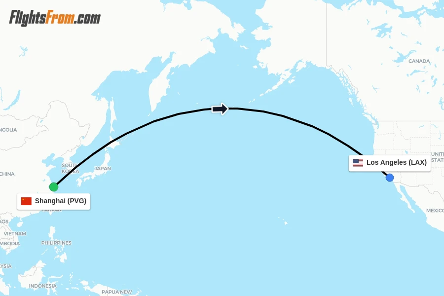 Flights from Shanghai to Los Angeles route map