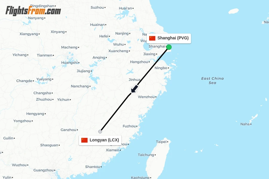 Flights from Shanghai to Longyan route map