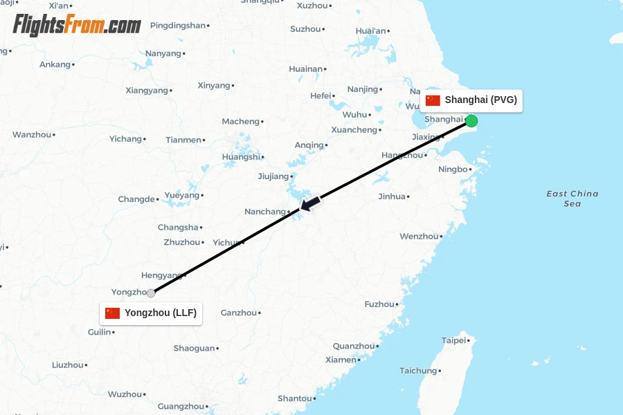 Flights from Shanghai to Yongzhou route map