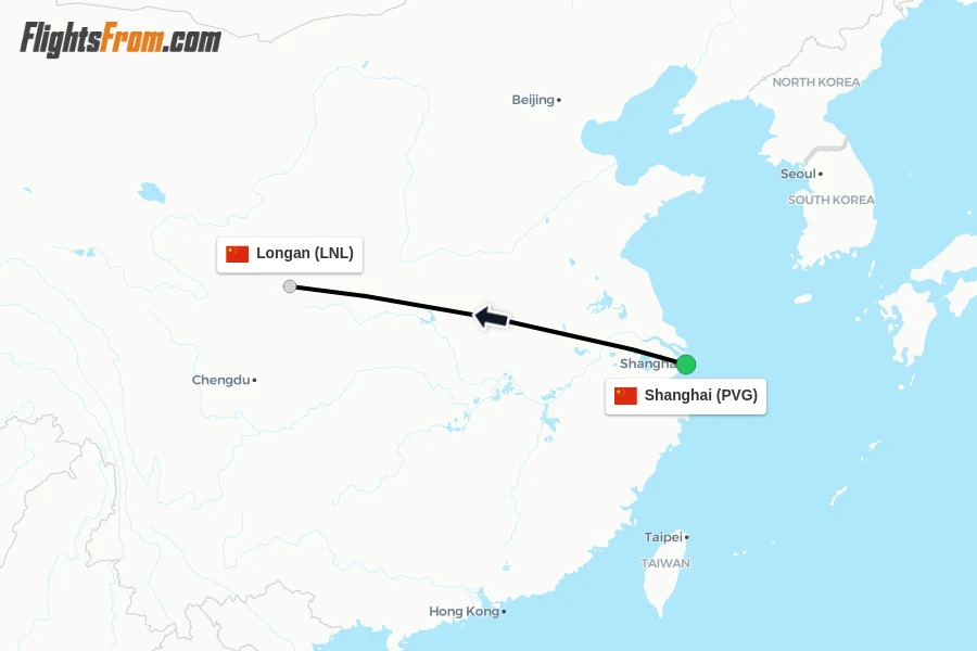 Flights from Shanghai to Longan route map