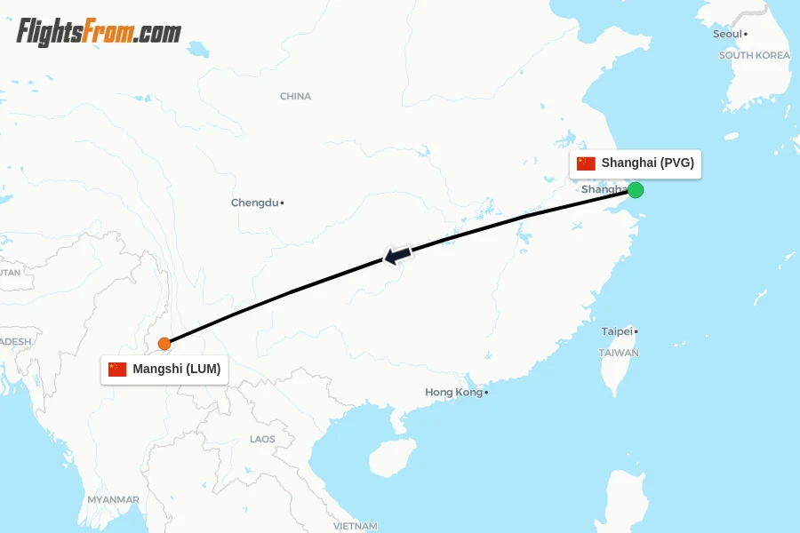 Flights from Shanghai to Mangshi route map