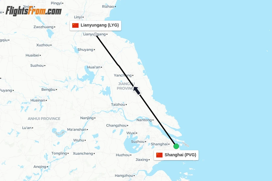 Flights from Shanghai to Lianyungang route map