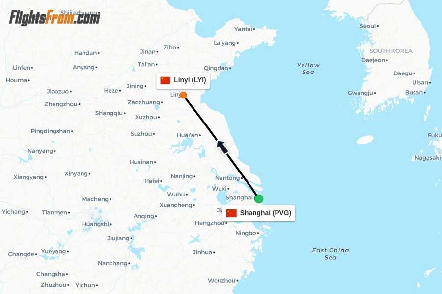 Flights from Shanghai to Linyi route map