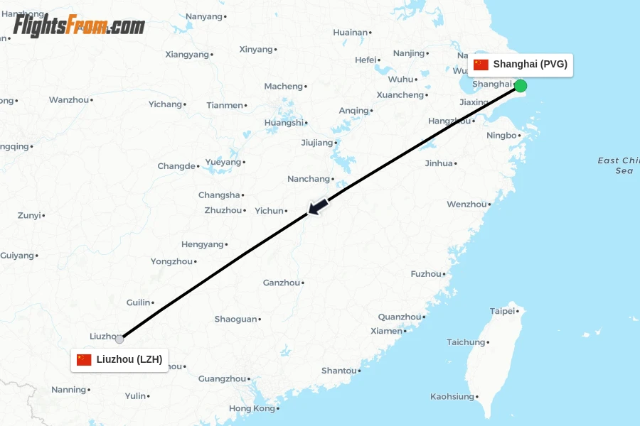 Flights from Shanghai to Liuzhou route map