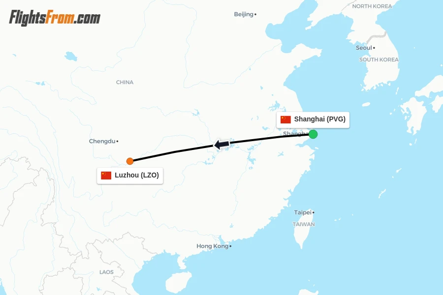 Flights from Shanghai to Luzhou route map