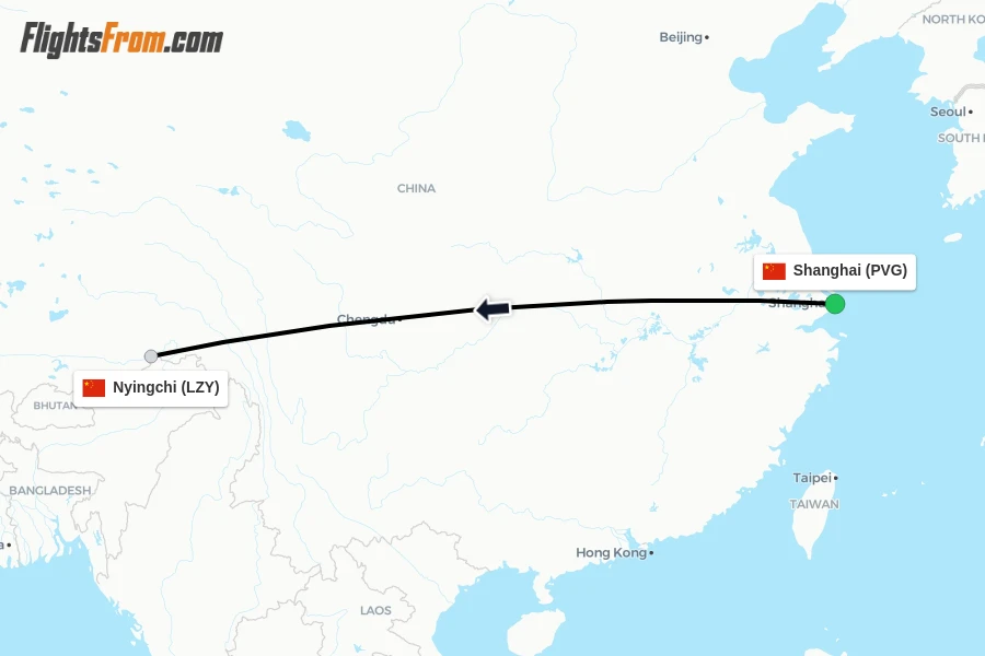 Flights from Shanghai to Nyingchi route map