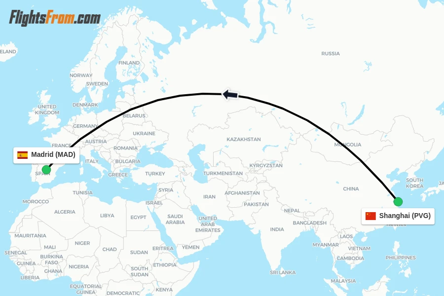 Flights from Shanghai to Madrid route map