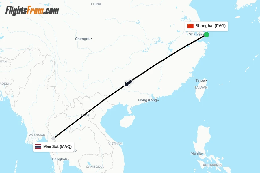 Flights from Shanghai to Mae Sot route map